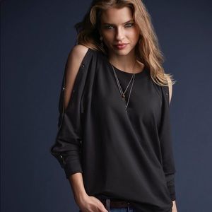 Cabi black cold shoulder or not snap sweatshirt
